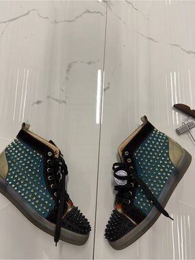 Christian Louboutin Teal, Black & Gold Spike-Embellished High-Top Sneakers